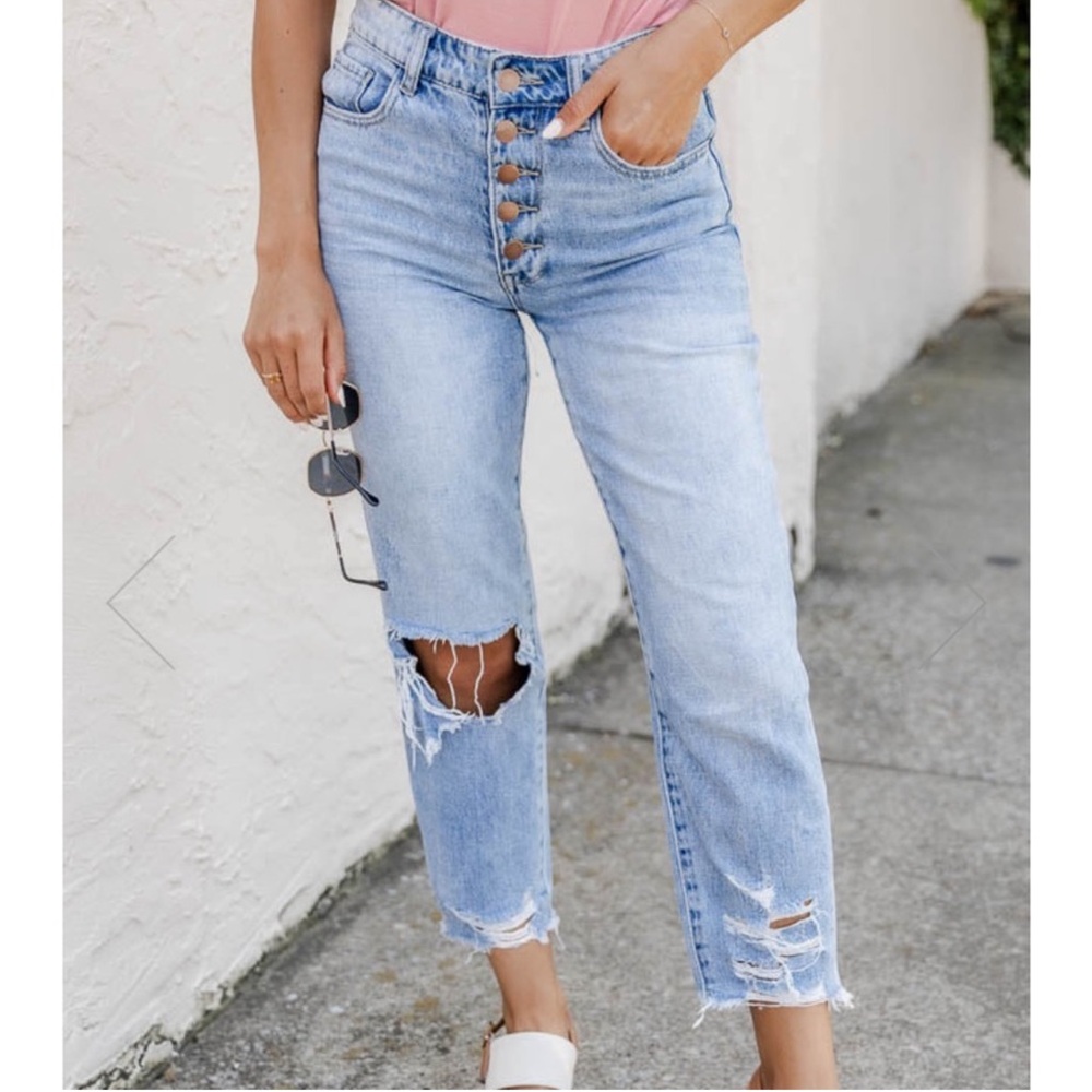 Pink Lily Lucy Distressed Button Fly Loose Fit Raw Hem Denim Ankle Blue Jeans